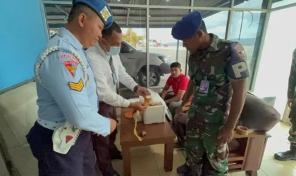 Petugas Avsec dan TNI AU memeriksa paket mencurigakan di Bandara Sultan Iskandar Muda, Aceh Besar.