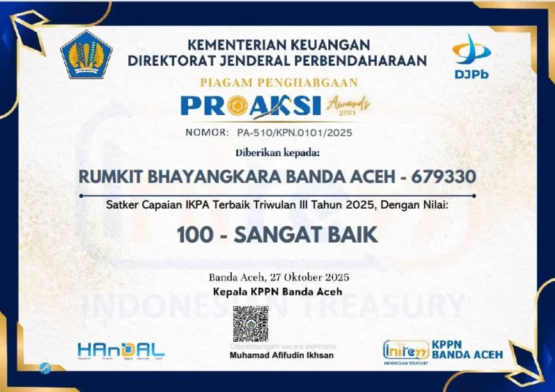 Penghargaan BLU terbaik untuk Rumkit Bhayangkara Aceh.