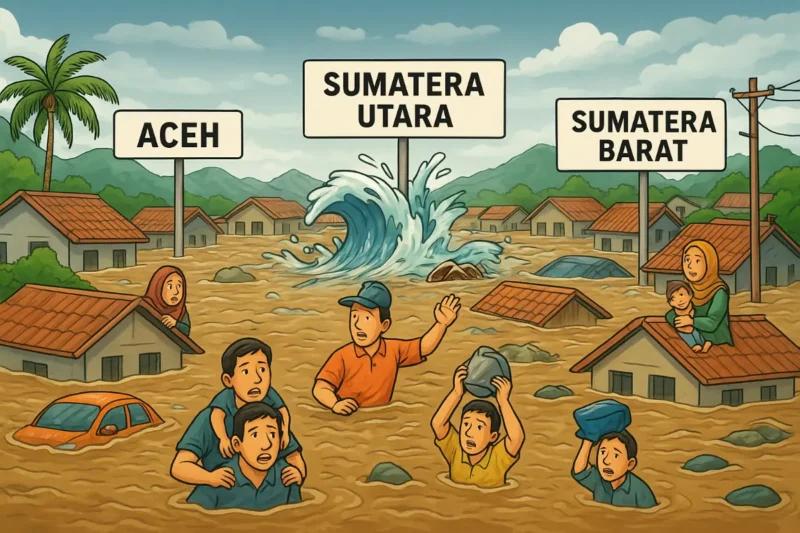 Ilustrasi AI : Banjir besar melanda wilayah Aceh, Sumatera Utara, dan Sumatera Barat.