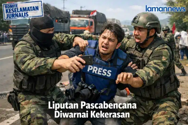 Aksi jurnalis meliput situasi pascabencana di Aceh. (Gambar: ilustrasi Ai/LamanNews)