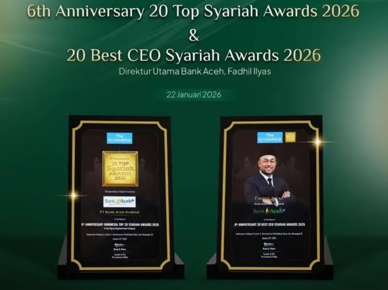 Bank Aceh Syariah menerima penghargaan Indonesia 20 Syariah Awards 2026 & Best CEO Syariah. (Foto: Dok/Ist)