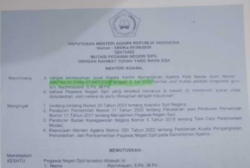 Surat Usulan Mutasi Jabatan Fungsional Nomor 5967/KK.01.07/Kp.07.6/07/2025 tertanggal 3 Juli 2025. (Foto:Dok/Ist)