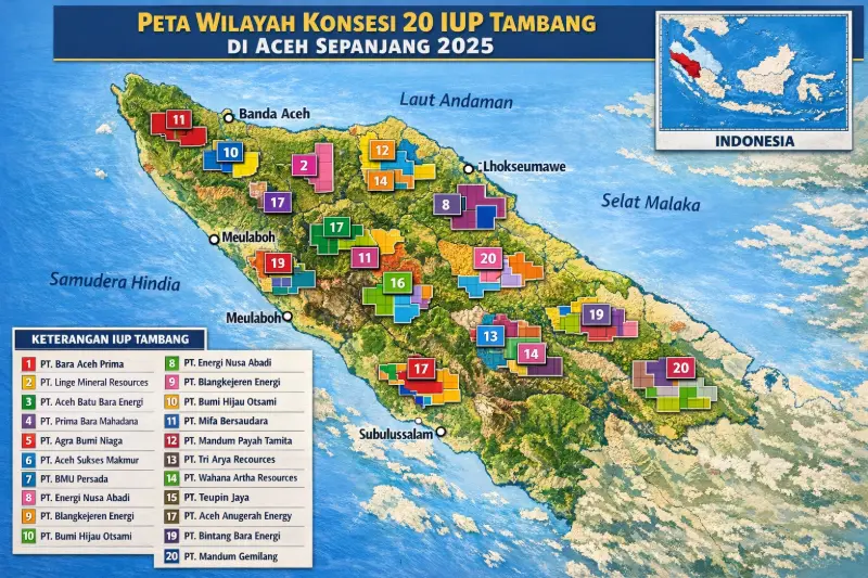 Peta wilayah penyebaran konsesi 20 IUP tambang di Aceh sepanjang 2025. (Foto: Dok/Ist)