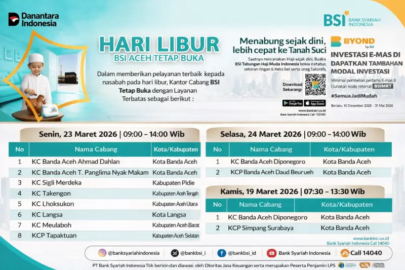 Jadwal Layanan Bank Syariah Indonesia selama libur Idul Fitri. (Foto:Dok BSI Aceh)