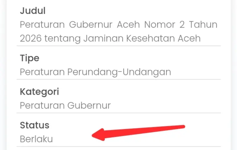 Tampilan situs JDIH Aceh menunjukkan Pergub JKA masih berstatus berlaku resmi. (Foto:Dok/LamanNews)