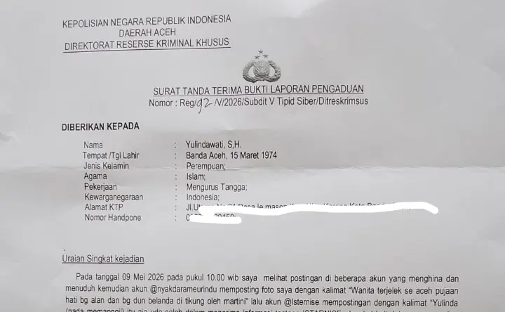 Laporan dugaan penghinaan di platform Tiktok oleh Yulindawati kini ditangani Ditreskrimsus Polda Aceh. (Foto:Dok/Yulindawati)
