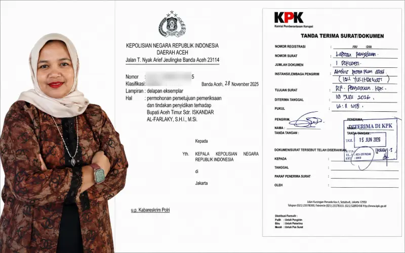 Aktivis Anti Korupsi, Yulindawati dan cuplikan surat permohonan persetujuan pemeriksaan yang diterbitkan Ditreskrimsus Polda Aceh. LamanNews hanya menampilkan sebagian dokumen untuk kepentingan pemberitaan. (Foto:Dok:/Ist)