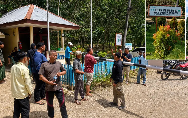 Masyarakat berada di pintu masuk Kebun Karang Inong KSO PTPN I di Kecamatan Ranto Peureulak, Aceh Timur. (Foto:Dok/Ist)
