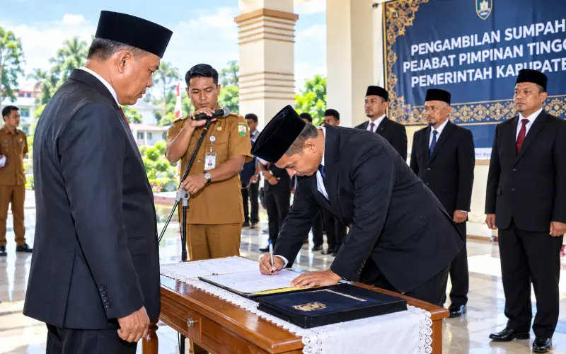 Bupati Aceh Besar, Muharram Idris, menyaksikan penandatanganan pakta integritas pejabat Aceh Besar. (Foto:Dok)