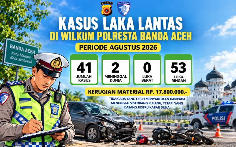 Data kecelakaan lalu lintas di wilayah hukum Polresta Banda Aceh selama Agustus 2026. (Foto:Dok/Satlantas Polresta Banda Aceh)